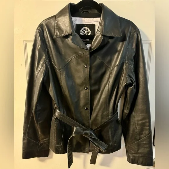 Wilsons Leather Vintage 90s Maxima Jacket Tie Belt Cinch Waist Button Up Collar - Picture 1 of 16
